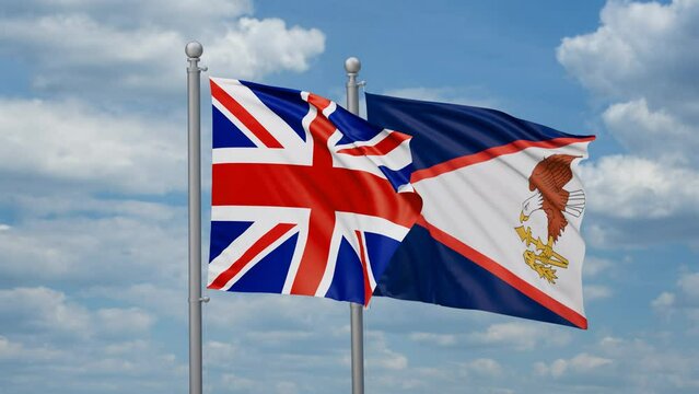 United Kingdom and American Samoa flags waving together, looped video
