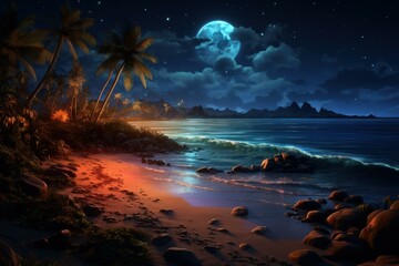 Fototapeta na wymiar Serene Tropic night beach moon. Sand coast. Generate Ai