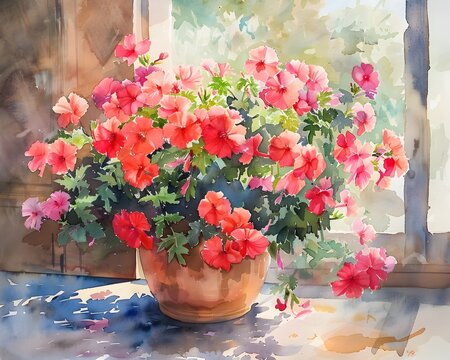 A painting of a vase of red flowers sitting on a table