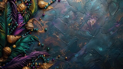 Mardi Gras beads and feather masks scattered on a textured background, embodying the celebration's...