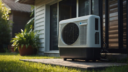 AC concept image with an air conditioning unit next to a house model to cool air at home on hot...