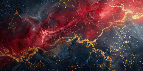 Ethereal crimson and navy art piece with golden veins, abstract and rich in detail, evoking a sense...