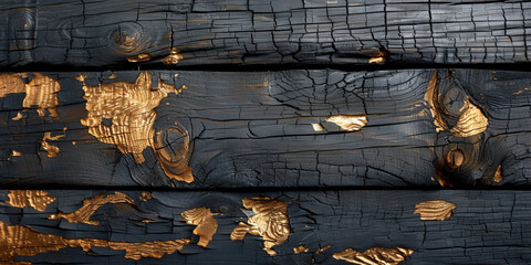 Charred wood texture with golden cracks, a beautiful contrast of resilience and luxury.