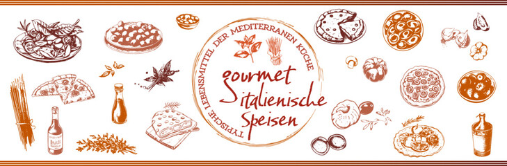 Fototapeta na wymiar Gourmet Italian food set - Italy, vector design of typical foods of mediterranean cuisine. Herbs of italian cuisine with elements of food such as pizza, pasta, antipasti and vegetables.