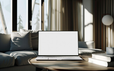 Contemporary workspace mockup: laptop with white screen and books adorning a stylish table