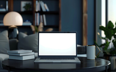 Contemporary workspace mockup: laptop with white screen and books adorning a stylish table