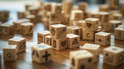 Wooden blocks with various icons and letters on a table