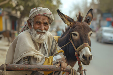 Old Pakistani with Donkey Cart Amid Urban Landscape