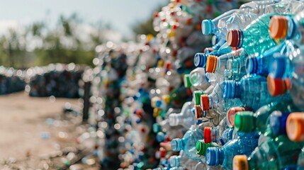 Obraz premium Collected plastic bottles in outdoor recycling facility glisten in sunlight, showcasing waste management.