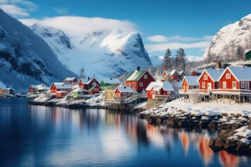 Tranquil Nordic village view snow. Scenery mountain. Generate Ai - obrazy, fototapety, plakaty
