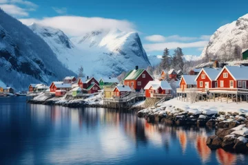 Foto op Canvas Tranquil Nordic village view snow. Scenery mountain. Generate Ai © juliars