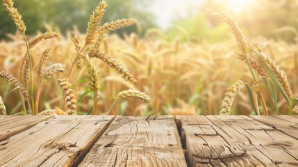 Close-up of ripe wheat ears on a weathered wooden surface.