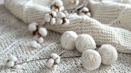 White cotton yarn balls arranged on a textured knit background, accented with cotton branches.