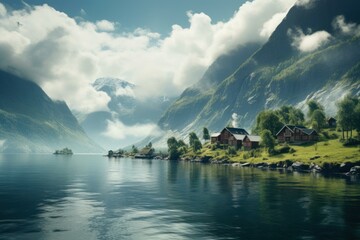 Tranquil Norwegian fjord. Lake water europe. Generate Ai - obrazy, fototapety, plakaty