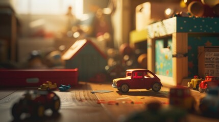 Fototapeta na wymiar Nostalgic Childhood Playroom, Warm sunlight filters through a vibrant playroom, casting a nostalgic glow on classic toy cars scattered across a wooden floor
