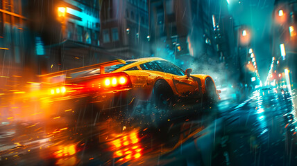 Urban nocturne: the art of speed as a street car gracefully drifts through the night rain - obrazy, fototapety, plakaty