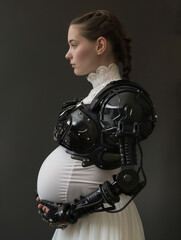 Naklejka premium Schwangere Frau in Cyborg Kleidung zeigt ihren Babybauch