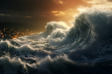 illustration of huge tsunami waves and coastal city. Created with Generative AI - obrazy, fototapety, plakaty