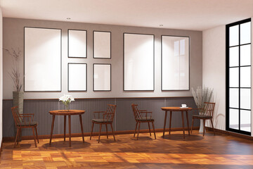 Scandinavian cafe with chairs, tables & frame mock up on the wall. Design 3d rendering of gray and light wood. Design print for illustration, presentation, mock up, interior, zoom, background. Set 9