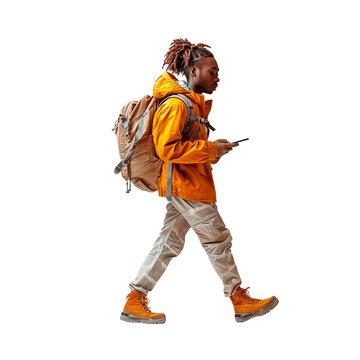Afro-american male student walking looking at his phone on a cut out PNG transparent background