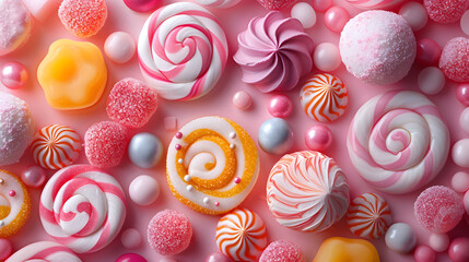 surreal background of sweet colorful candies and lollipop on a stick
