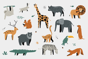 Fototapeta premium Cute trendy animals. Colorful hand drawn baby zoo wildlife, decorative cartoon giraffe lion elephant zebra hippo crocodile for kids design. Vector isolated set