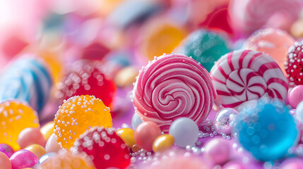 Fototapeta na wymiar surreal background of sweet colorful candies and lollipop on a stick