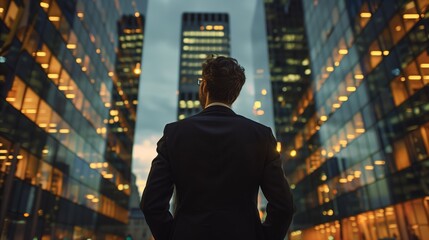 Man in suit standing in front of tall buildings - obrazy, fototapety, plakaty