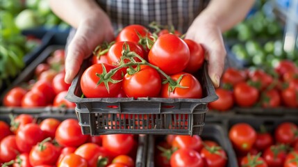 Person holding basket full of tomatoes