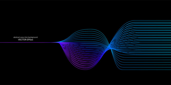 Abstract wavy dynamic blue green parple light lines curve banner on black background in concept technology, neural network, neurology, science, music, neon light.