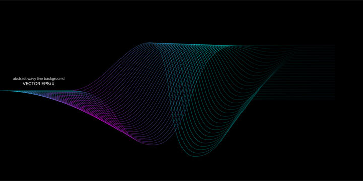 Abstract wavy dynamic blue green parple light lines curve banner on black background in concept technology, neural network, neurology, science, music, neon light.