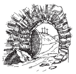 Open cave. Empty opened tomb of Jesus. Easter. Hand drawing sketch vector illustration.