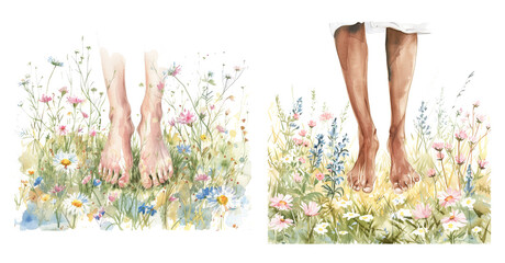 Bare feet in wildflower fields, two races