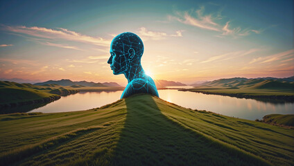 Outline of a human head containing a serene landscape background, symbolizing the concept of inner peace and mental tranquility with copy space


