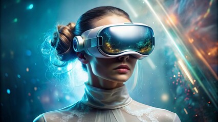 Portrait of woman wearing augmented virtual reality goggles in metaverse