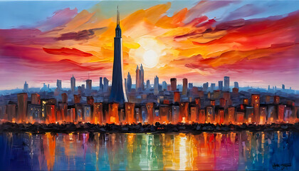 Fototapeta na wymiar A painting of a city skyline at sunset