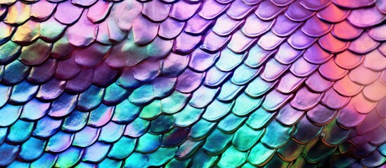 Detailed close-up of holographic rainbow-colored snake skin with a shimmering metallic sheen in vibrant pink and blue tones.