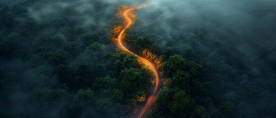 Aerial view of the road in the middle of the green forest with lights from cars. Transportation concept