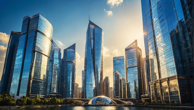 Picture of modern skyscrapers of a smart city, futuristic financial district with buildings and reflections