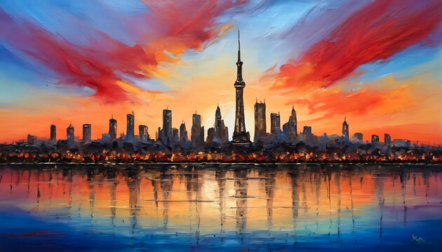A painting of a city skyline at sunset