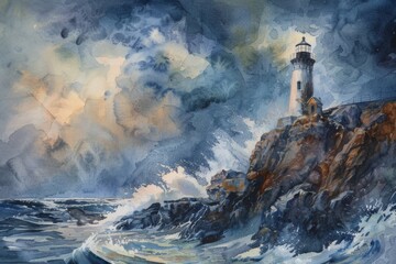 Obraz premium Watercolor painting of a weathered lighthouse atop a cliff.