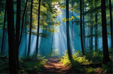 Nature's Luminance Capturing the Beautiful Rays of Sunlight Illuminating a Green Forest