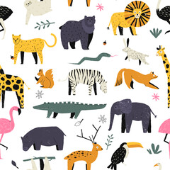 Fototapeta premium Childish animals pattern. Seamless print with cute cartoon safari animals, colorful background for kids wrapping paper textile design. Vector texture