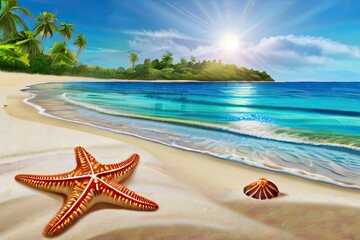 Fototapeta na wymiar Welcome to a tropical oasis: sandy shores, pristine waves, scattered seashells, and vibrant starfish. Embrace paradise's exotic allure.