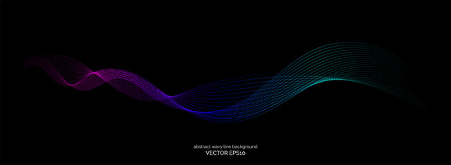 Abstract wavy dynamic blue green parple light lines curve banner on black background in concept technology, neural network, neurology, science, music, neon light.