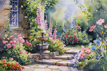 Fototapeta na wymiar A charming watercolor image of an English cottage garden. Contains various types of flowers. quaint fountain and fluttering butterflies