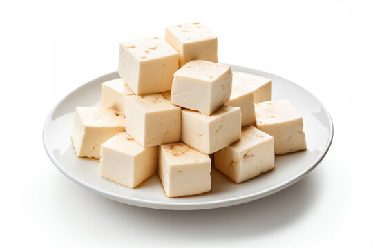 tofu in a plate isolated white background