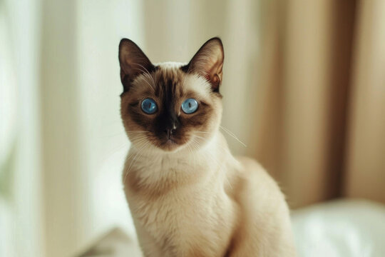 Burmese cat with round face, blue eyes, and muscular body sits on light background
