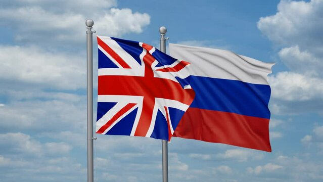 Russian Federation and United Kingdom two flags waving together, looped video