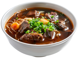 a bowl of chinese style beef - shank noodle soup isolated. Solid white background PNG